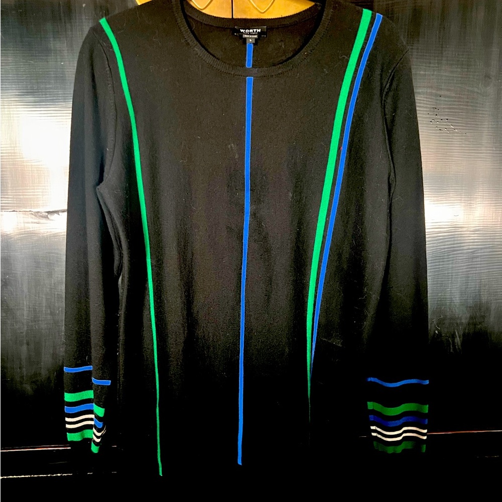 Worth Black Lightweight Wool sweater with green and blue stripes